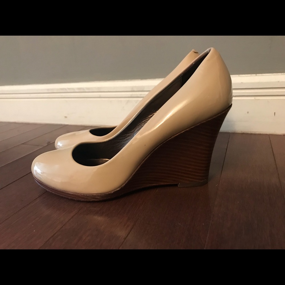 Cole Haan Nude Patent Leather Wedge Pumps